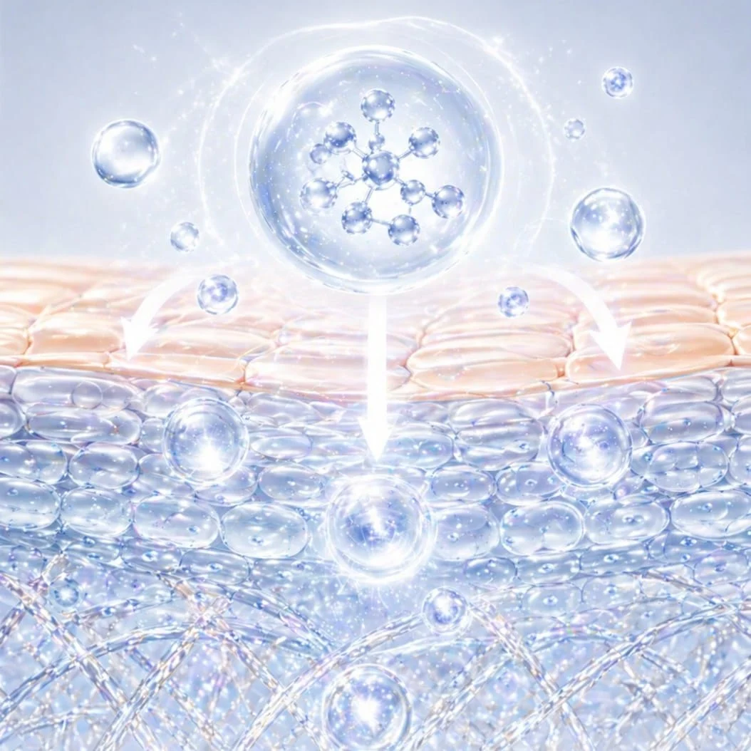Active ingredients absorbing through the surface layers of the skin and down into the dermis after SQT bio microneedling.