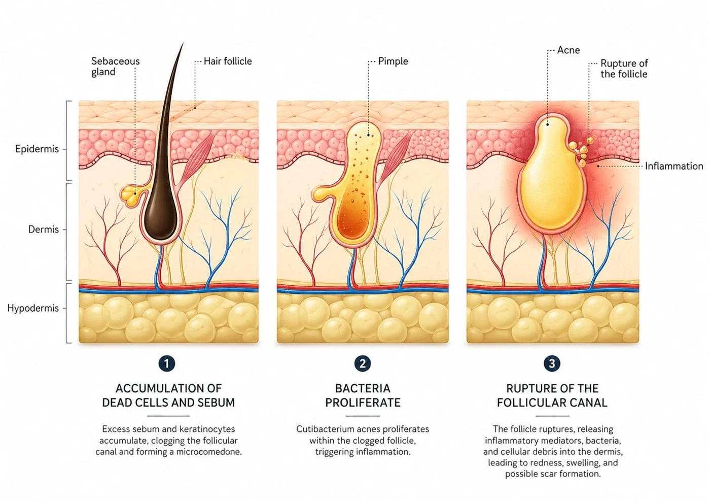 How acne forms in three stages: dead cells and sebum accumulate and clog the follicular canal, bacteria proliferate inside the clogged follicle, then the follicle ruptures and inflames the surrounding dermis.