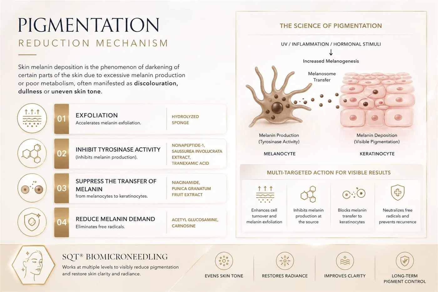 Pigmentation reduction at four levels: exfoliating melanin that has already surfaced, inhibiting tyrosinase activity, suppressing melanin transfer from melanocytes to keratinocytes, and reducing melanin demand.