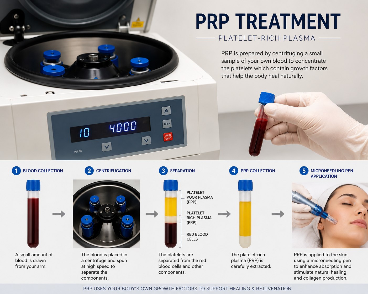 How PRP is prepared and applied: a small blood sample is drawn from the arm, spun in a centrifuge, separated into platelet-poor plasma, platelet-rich plasma and red blood cells, the platelet-rich layer is extracted, then applied to the skin with a microneedling pen.