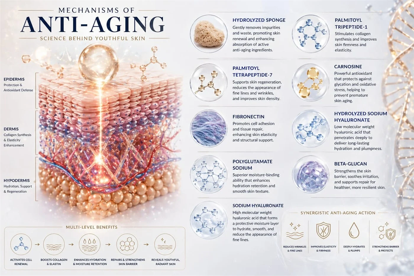 Ingredients in the SQT anti-ageing complex — hydrolyzed sponge spicules, palmitoyl tripeptide-1 and tetrapeptide-7, carnosine, fibronectin, beta-glucan, polyglutamate sodium and two weights of sodium hyaluronate — and what SQT lists each as contributing.
