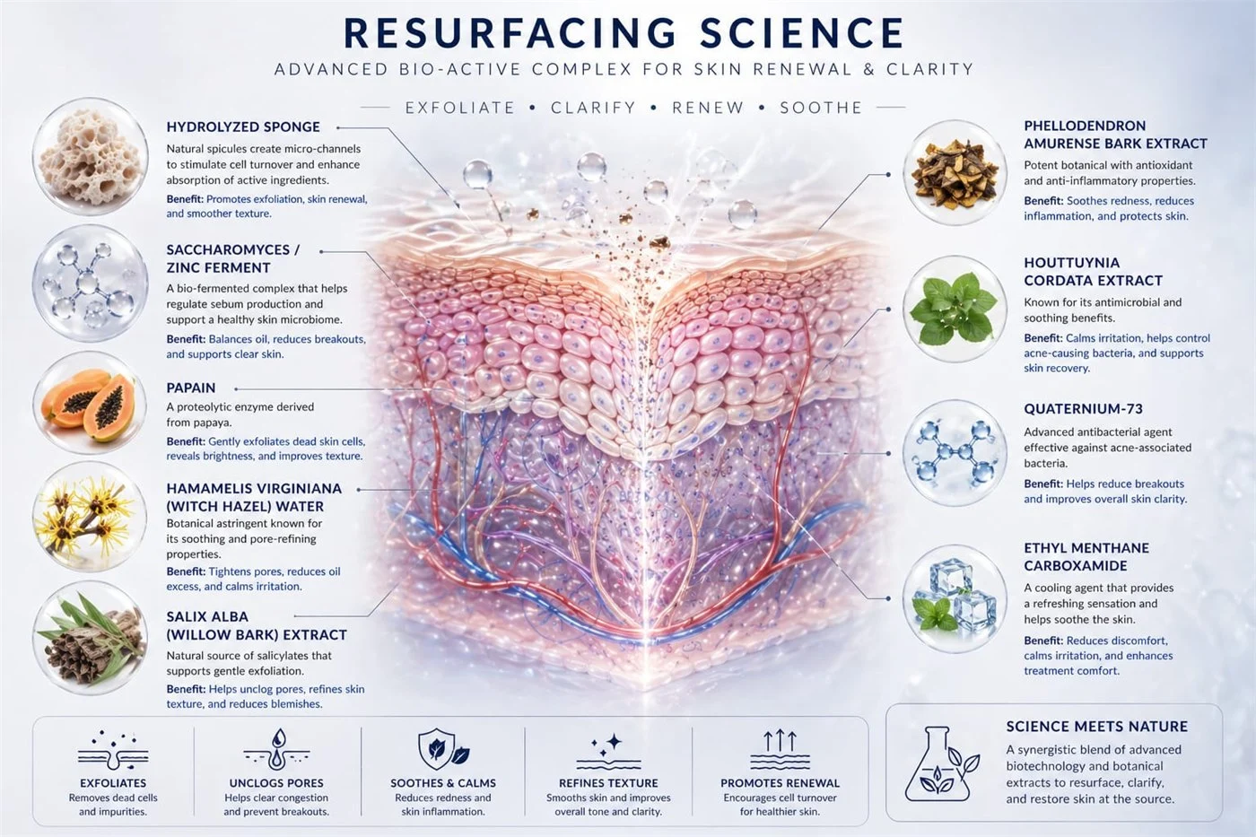 Ingredients in the SQT resurfacing complex — hydrolyzed sponge spicules, zinc ferment, papain, witch hazel, willow bark, phellodendron bark, houttuynia cordata and a cooling agent — and what SQT lists each as contributing.