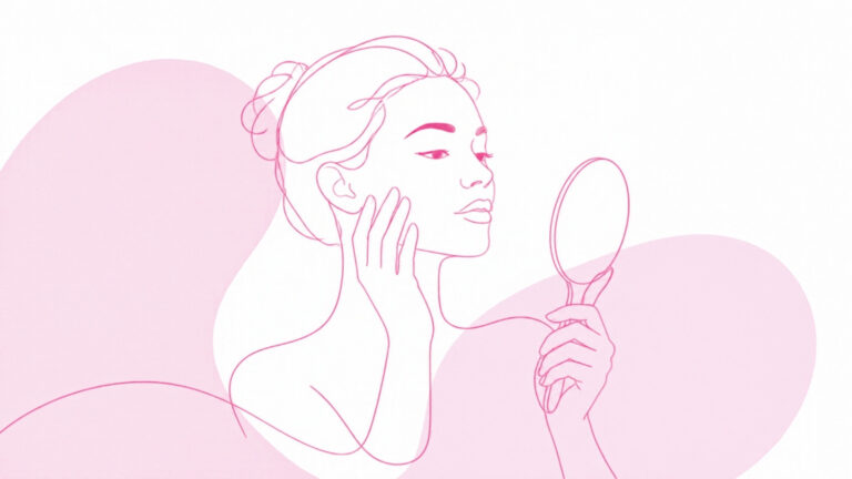 Line illustration of a woman looking at her cheek in a hand mirror, for an article on acne scar treatment
