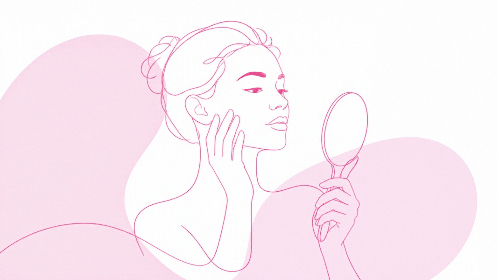 Line illustration of a woman looking at her cheek in a hand mirror, for an article on acne scar treatment