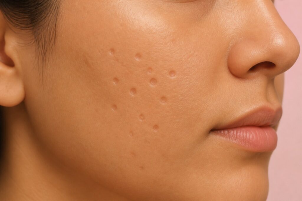 AI-generated illustration of boxcar acne scars: round depressions with sharp edges on a cheek