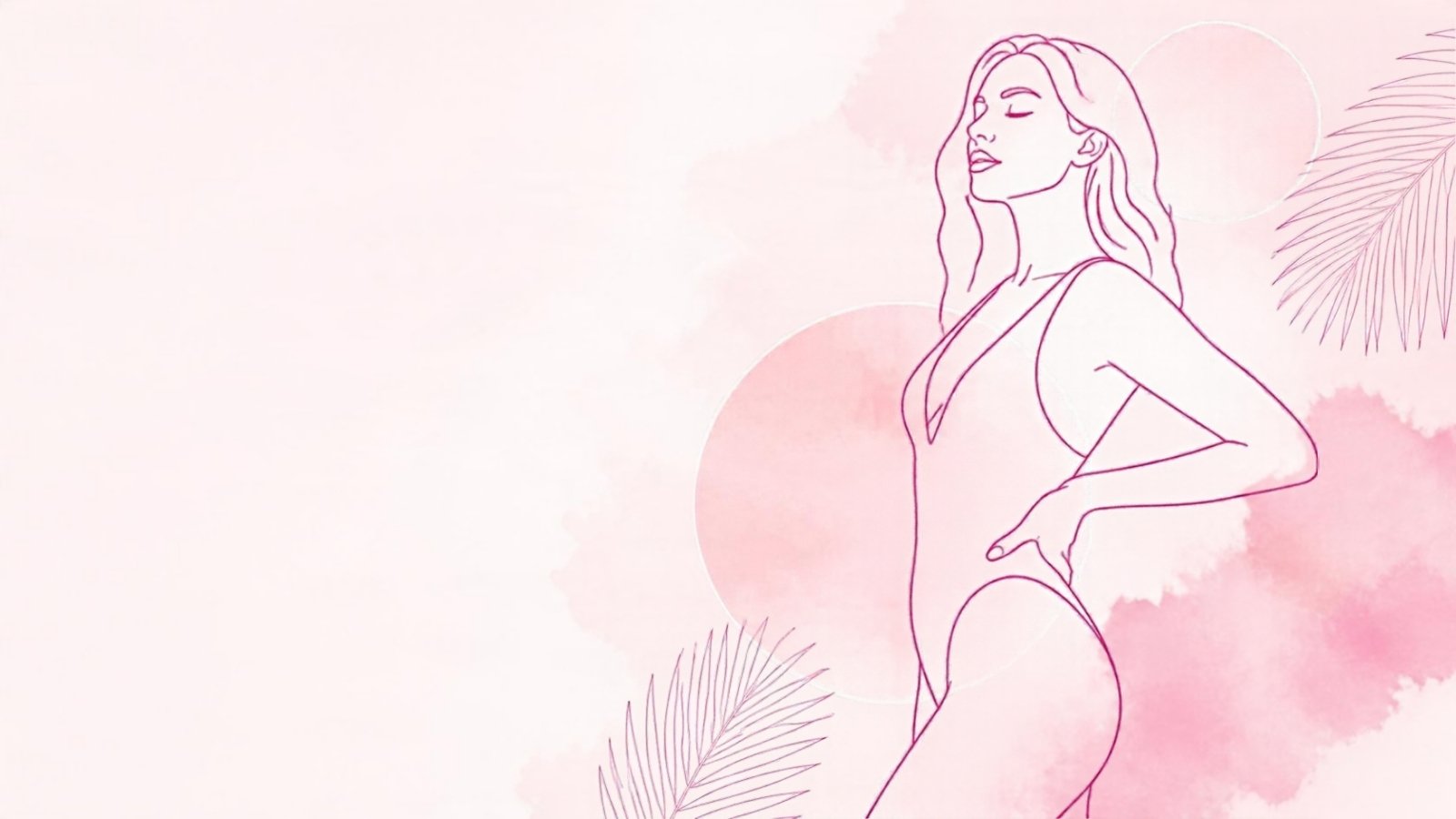 Line illustration of a woman in a one-piece swimsuit with palm leaves, for an article on what Brazilian laser hair removal costs
