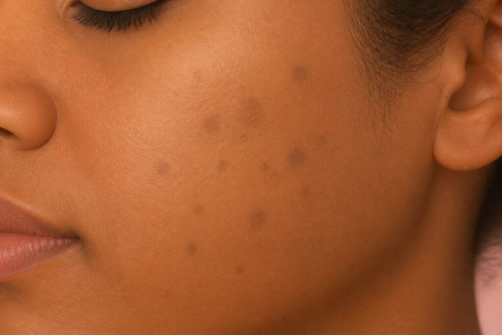 AI-generated illustration of flat brown post-acne marks on a cheek