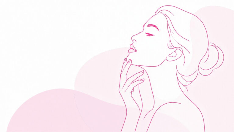 Line illustration of a woman in profile with her chin raised, touching her jawline, for an article on chin hair in women
