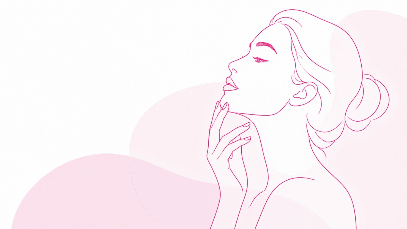 Line illustration of a woman in profile with her chin raised, touching her jawline, for an article on chin hair in women