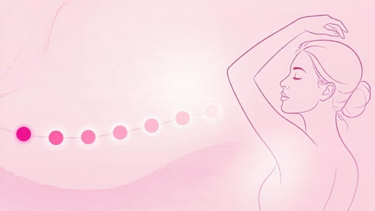 Line illustration of a woman with her arm raised beside a row of eight fading dots, one for each session in a laser hair removal course