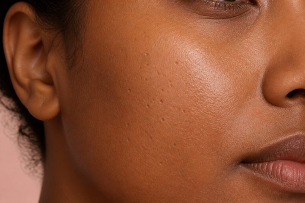 AI-generated illustration of ice pick acne scars: tiny, deep pits like open pores on a cheek