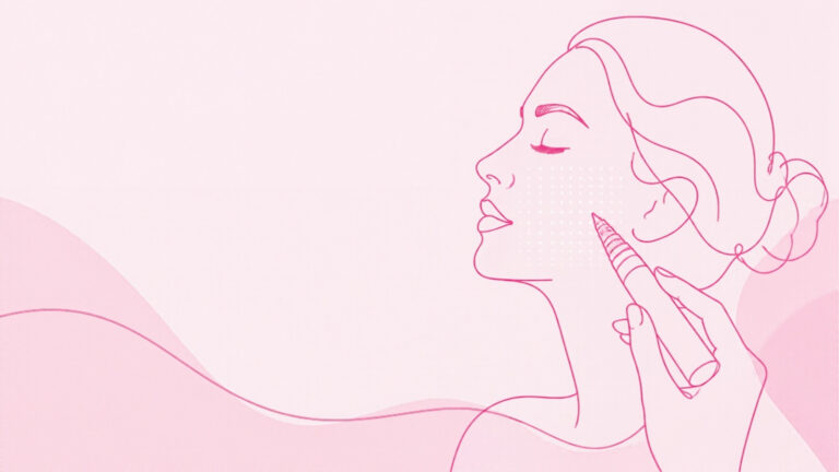 Line illustration of a woman in profile with a microneedling pen near her cheek, for an article on what microneedling costs in Canada