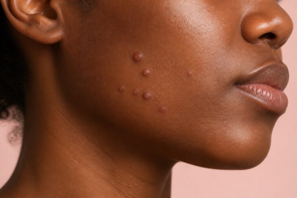 AI-generated illustration of small raised acne scars along a jawline