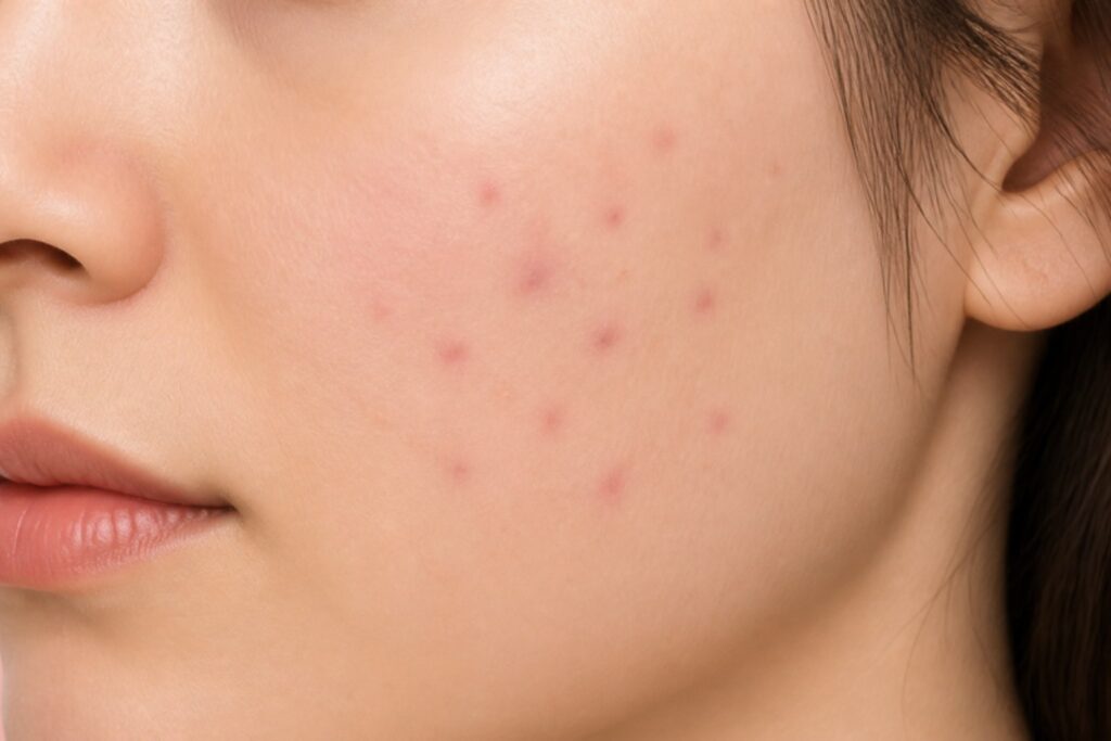 AI-generated illustration of flat red post-acne marks on a cheek