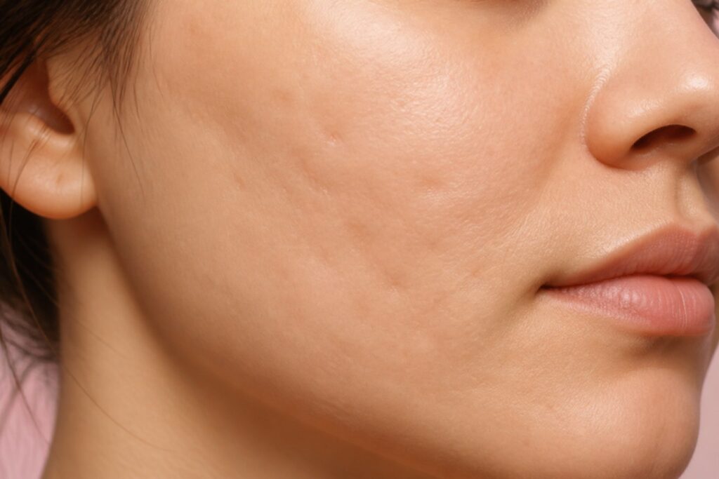 AI-generated illustration of rolling acne scars: broad, soft dips that make the cheek look wavy