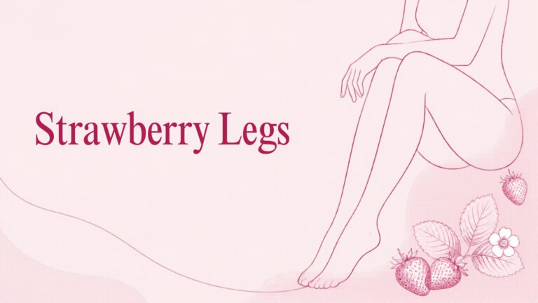 Line illustration of a woman's smooth legs, seated, with small strawberries beside her feet, for an article on strawberry legs