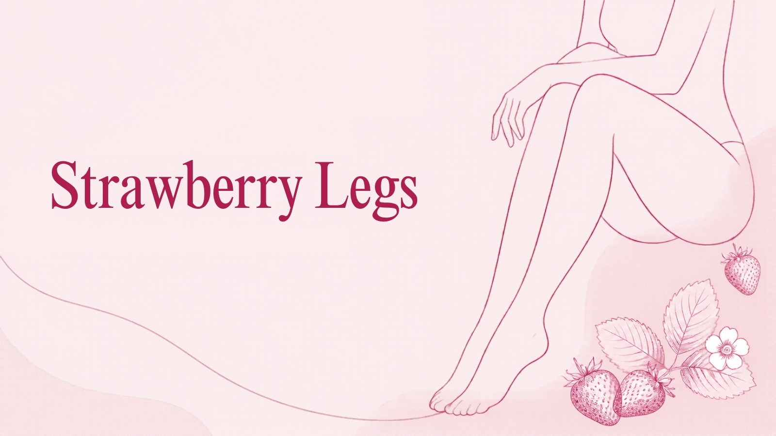 Line illustration of a woman's smooth legs, seated, with small strawberries beside her feet, for an article on strawberry legs