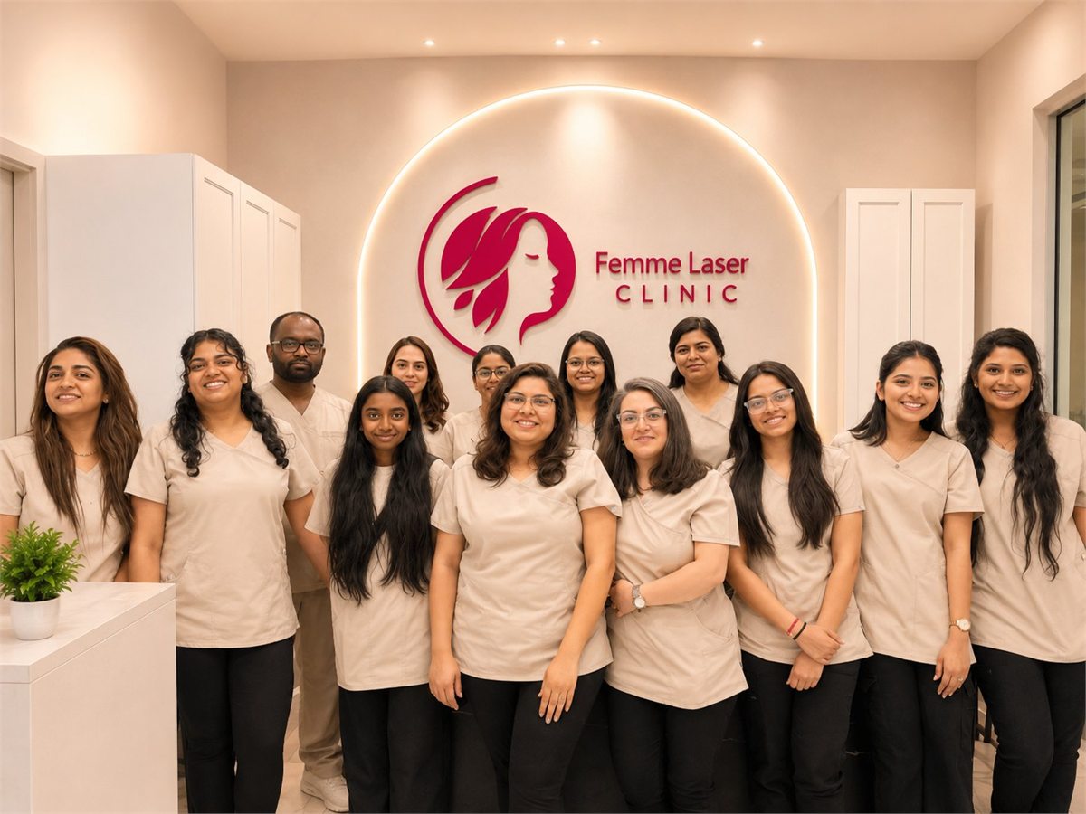 The Femme Laser Clinic team, a group of women in front of the clinic logo