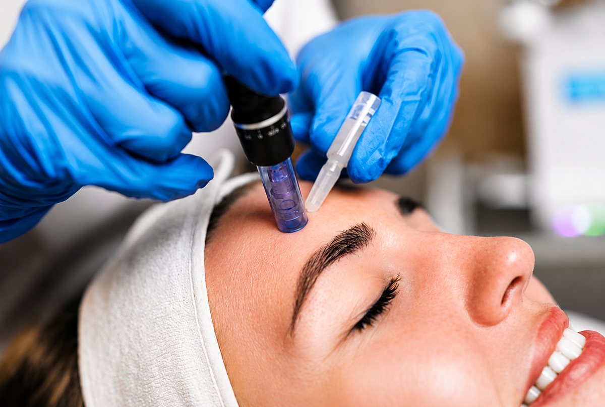 Microneedling treatment being performed on a client's face