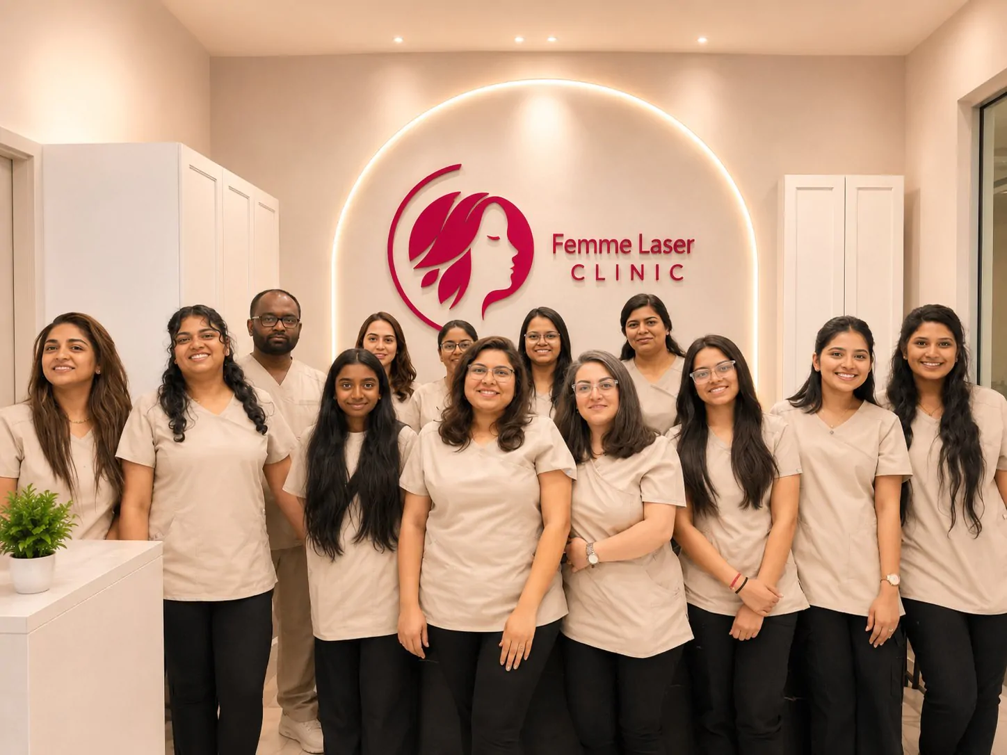 The Femme Laser Clinic team, a group of women in front of the clinic logo